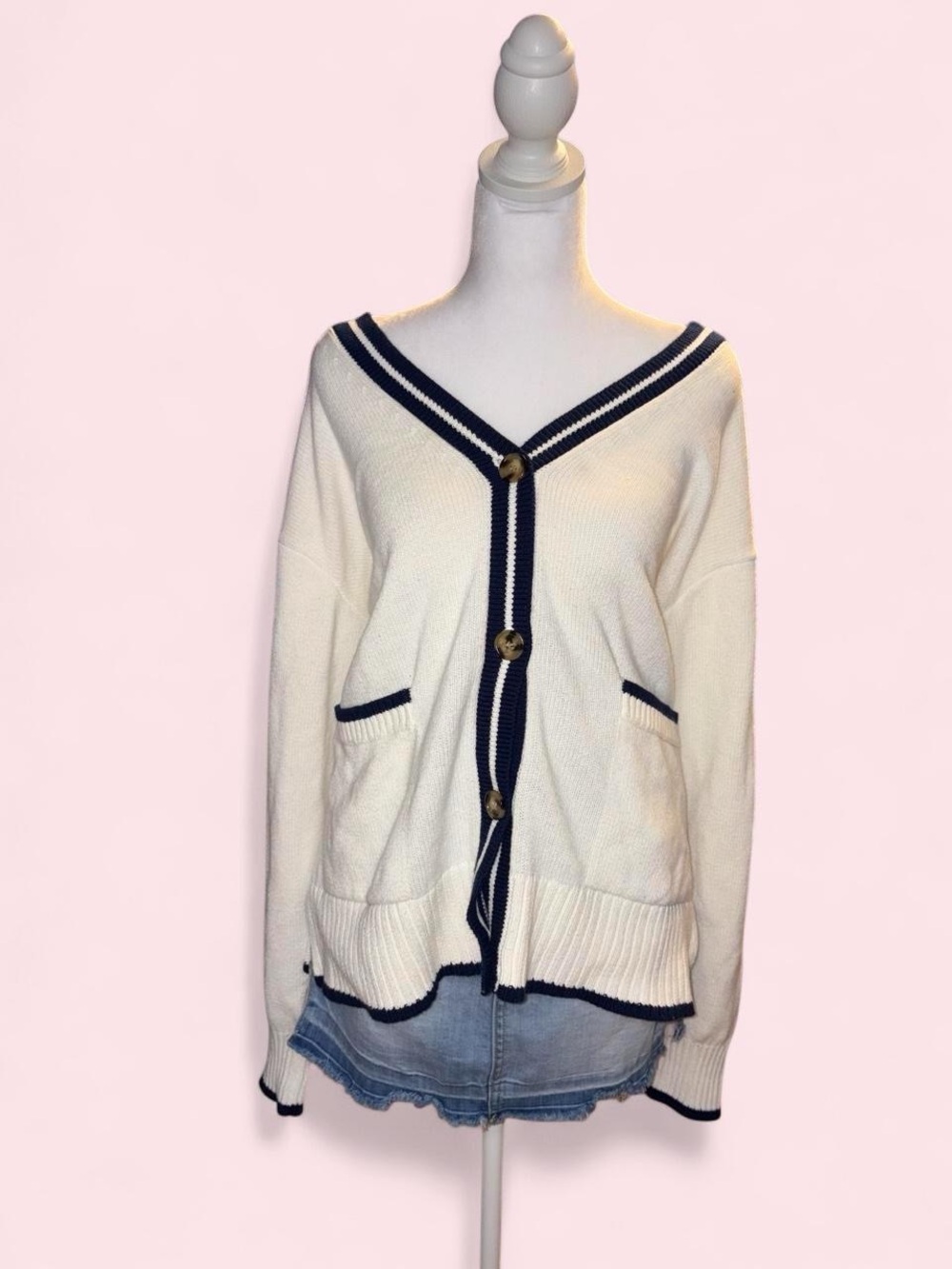 Cream V-Neck Button Cardigan Sweater with Navy Trim